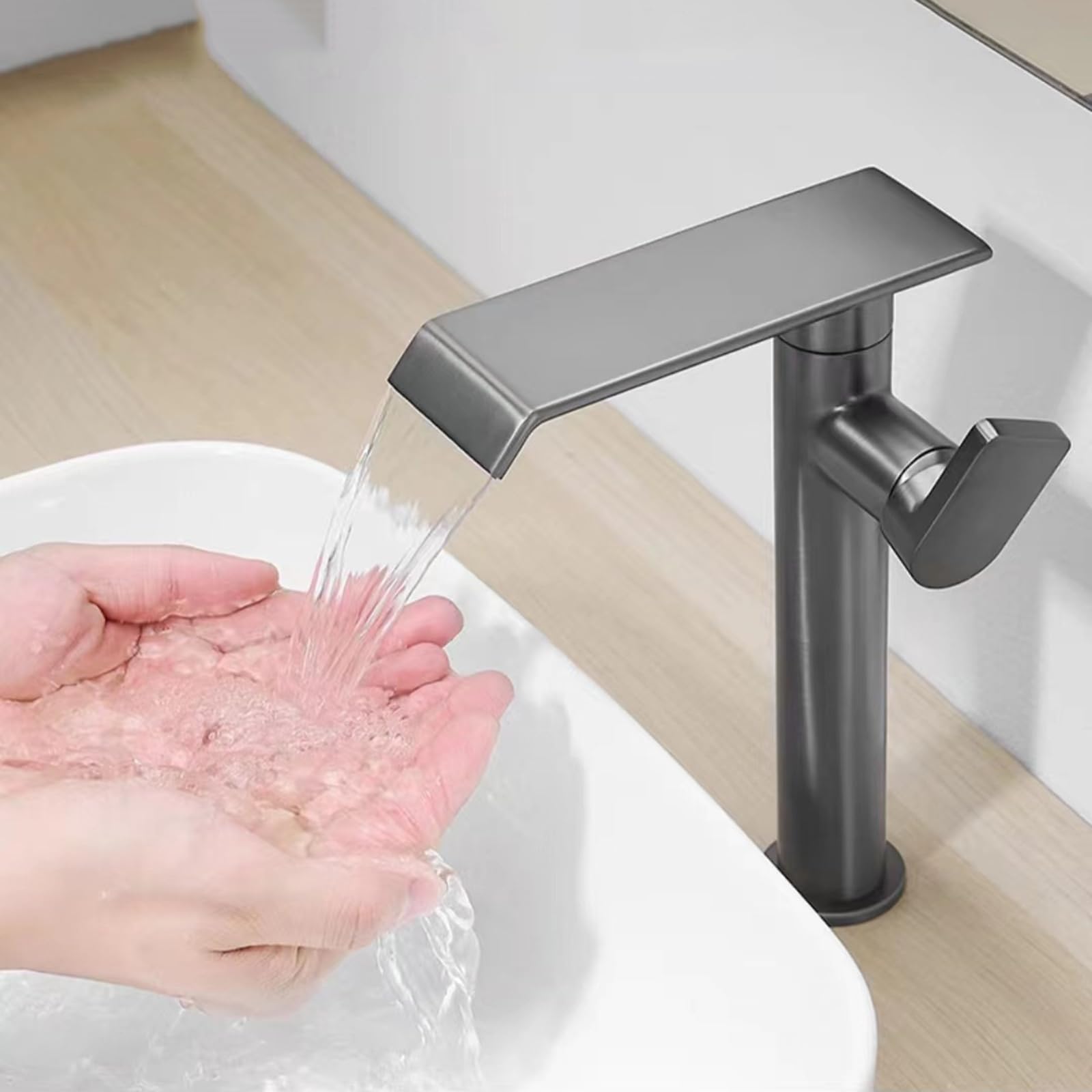 Bateria łazienkowa z wodospadem, do blatu, obrotowa o 360°, do umywalki łazienkowej, ciepła i ciepła, szara