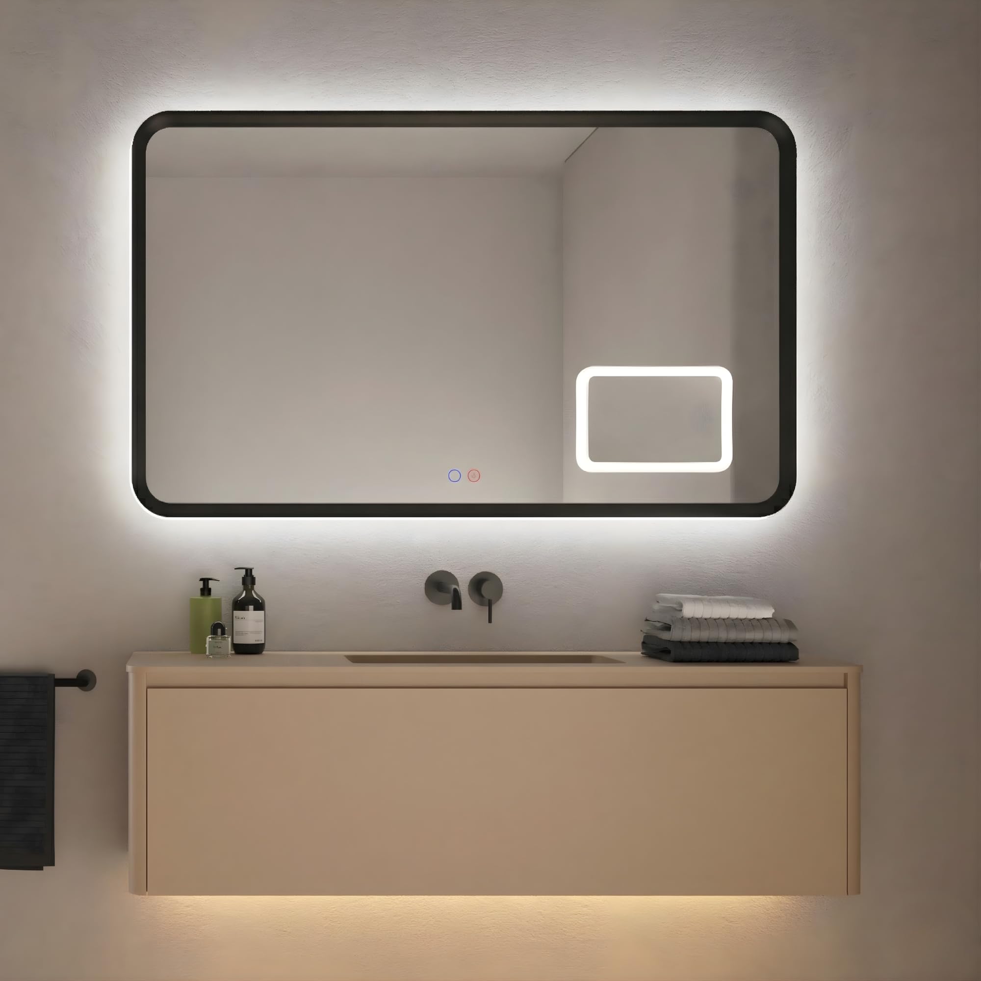 LEDIMEX - Espejo Baño 140x80cm Retroiluminado con Luz LED, Antivaho y x3 de Aumento con Marco Negro Mate | Espejo Inteligente con Luz Tri-LED (Cálida, Neutra y Fría) y Sensor ON/OFF | Serie Duomo
