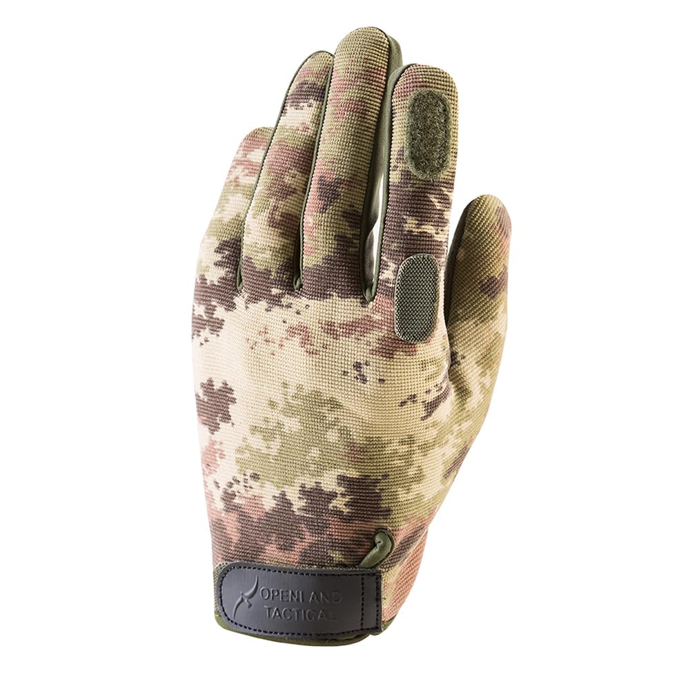 OPENLAND Tactical Guanti da Tiro con Dito Indice Apribile, Palmo Antiscivolo, Polsino Regolabile, Mimetismo Vegetato, per Softair, Outdoor e Tiro Sportivo