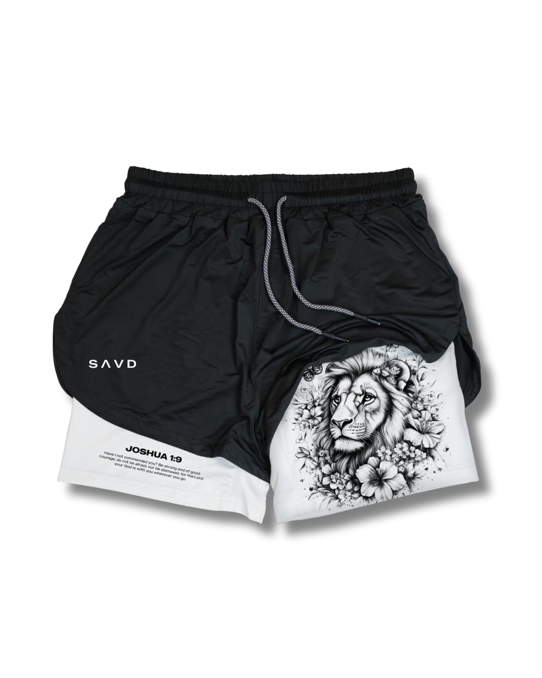 SAVD Christian Performance Shorts - Women's Gym & Sport Shorts with Pockets & Compression Liner, Bible Verse Activewear (US, Alpha, Large, Regular, Regular, Joshua 1:9 Courageous Roar)