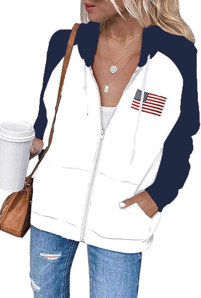INFITTY Womens 2026 July 4Th Flag Sweatshirt Cardigan Hoodie Zipper Usa Shirt with Pockets Raglan Sleeve Graphic Hooded White Navy Blue Flag M