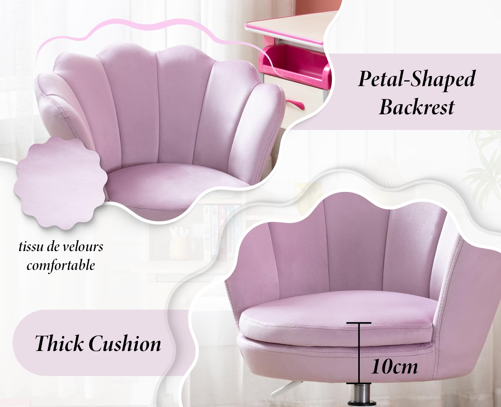 chairus Chaise de Bureau Enfant pour Chambre avec Coussin Confortable, Chaise pour Enfant avec Pied Pivotant (Violet)
