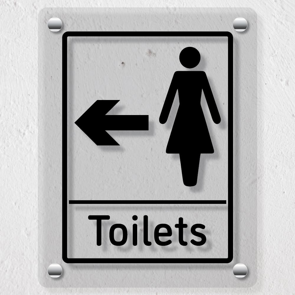 V Safety Womens Toilets Arrow Left - 150 x 200 mm - Acrylic Perspex Cast Clear Safety Sign