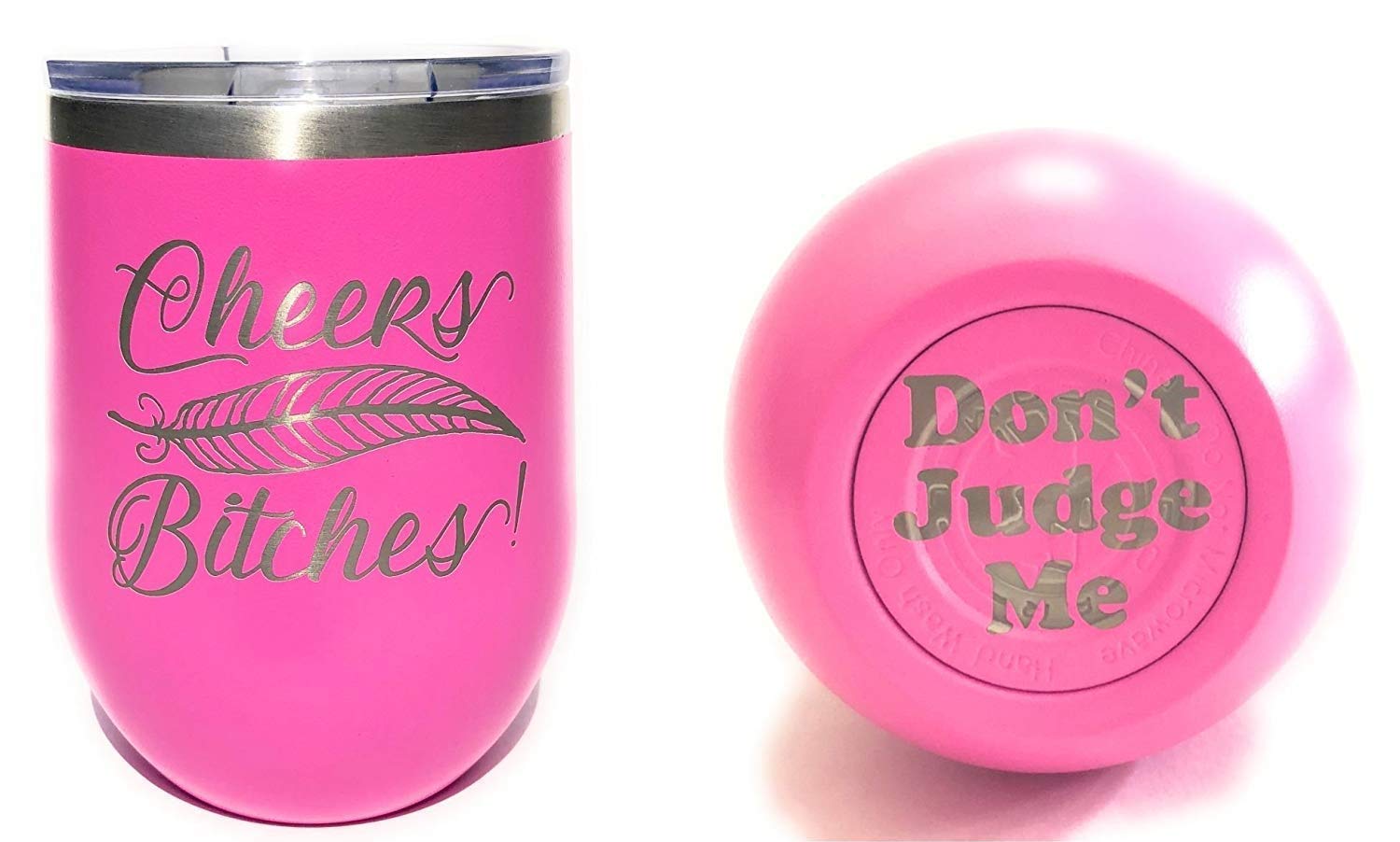 Insulated Wine Tumbler, Stemless Wine Tumbler, Laser Engraved, Funny, Cheers Bitches, Insulated, With Lid, Stainless Steel (Hot Pink)