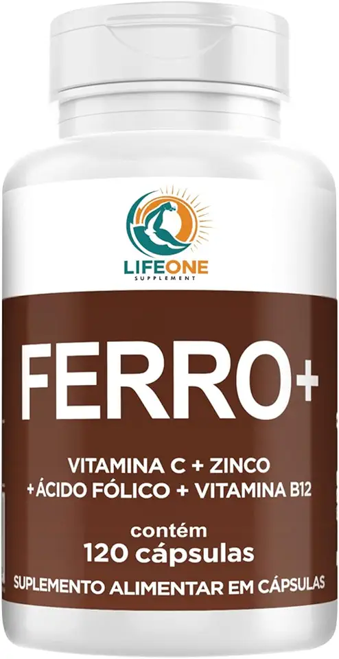 Ferro Quelato com Vitamina C, Zinco, Ácido Fólico e Vitamina B12, 120 Cápsulas, Life One