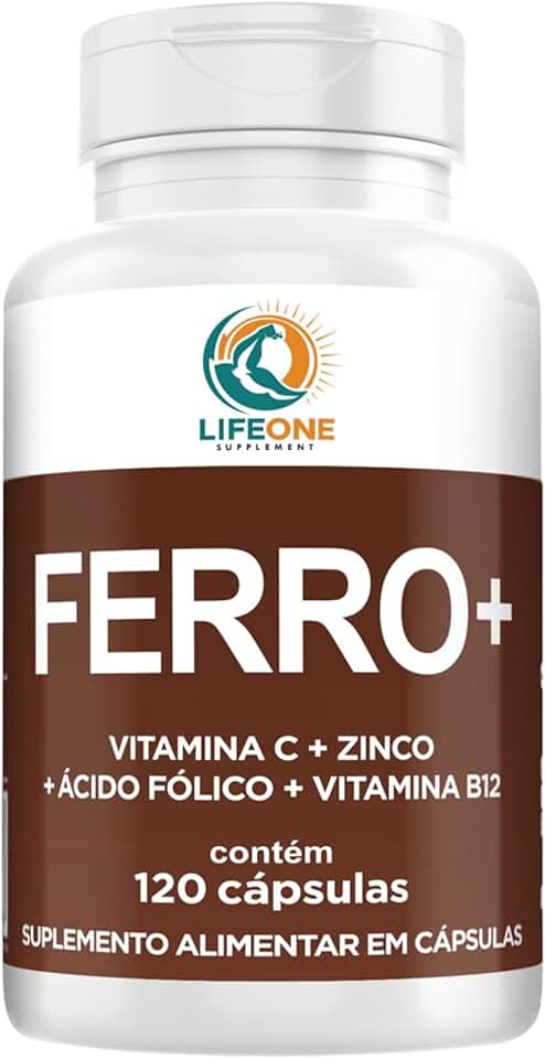 Ferro Quelato com Vitamina C, Zinco, Ácido Fólico e Vitamina B12, 120 Cápsulas, Life One