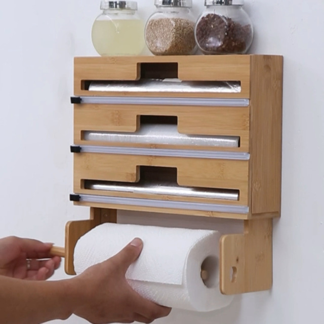 Dérouleur Film Alimentaire Bambou 3-en-1 Avec Coupeur Et Porte Essuie-Tout - Distributeur Papier Aluminium Et Sopalin Pour Cuisine