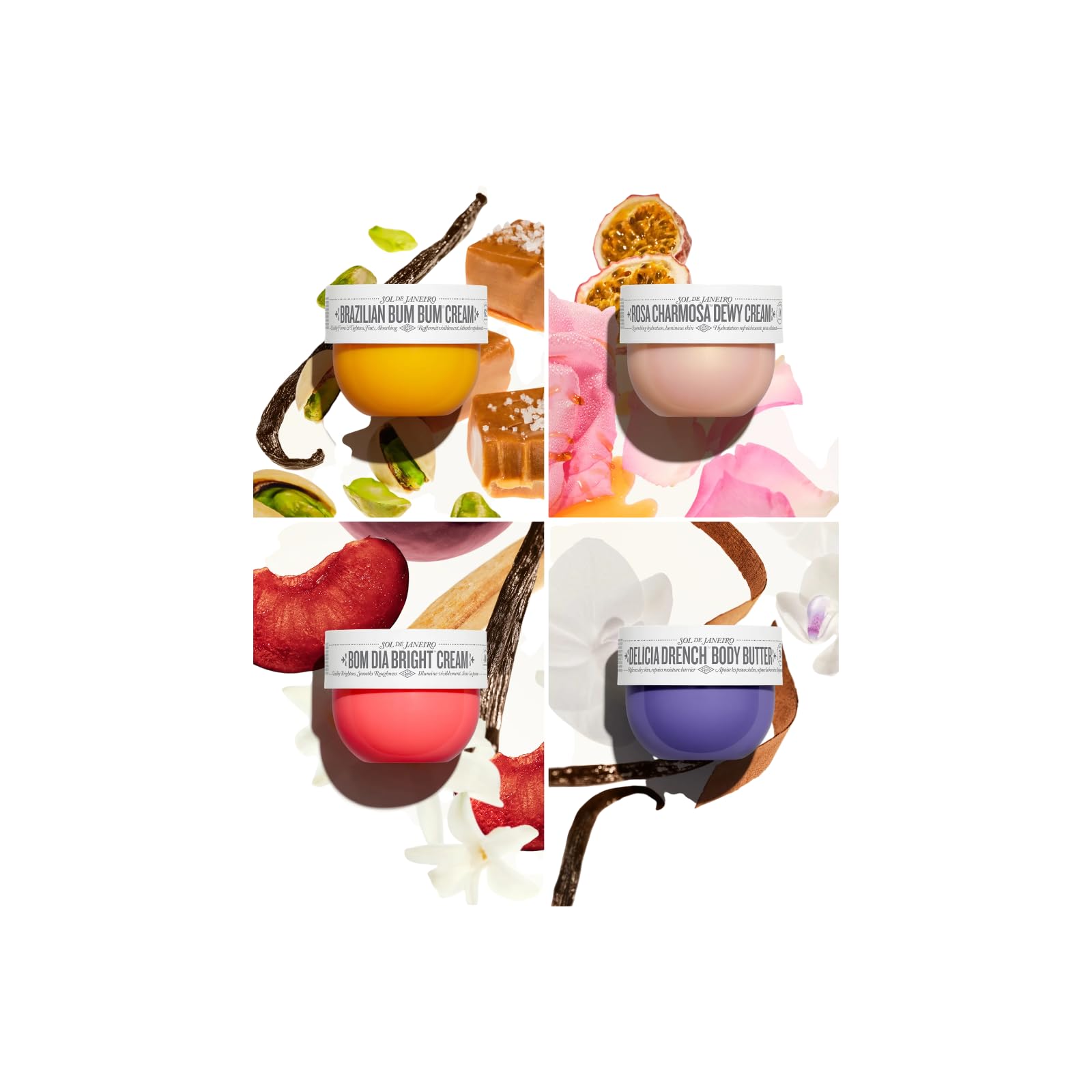 Sol de Janeiro Body Your Way Set de découverte de soins pour le corps, 4 crèmes pour le corps, Crème brésilienne Bum Bum, Bom Dia Bright, Rosa Charmosa Dewy, Beurre corporel Delícia Drench