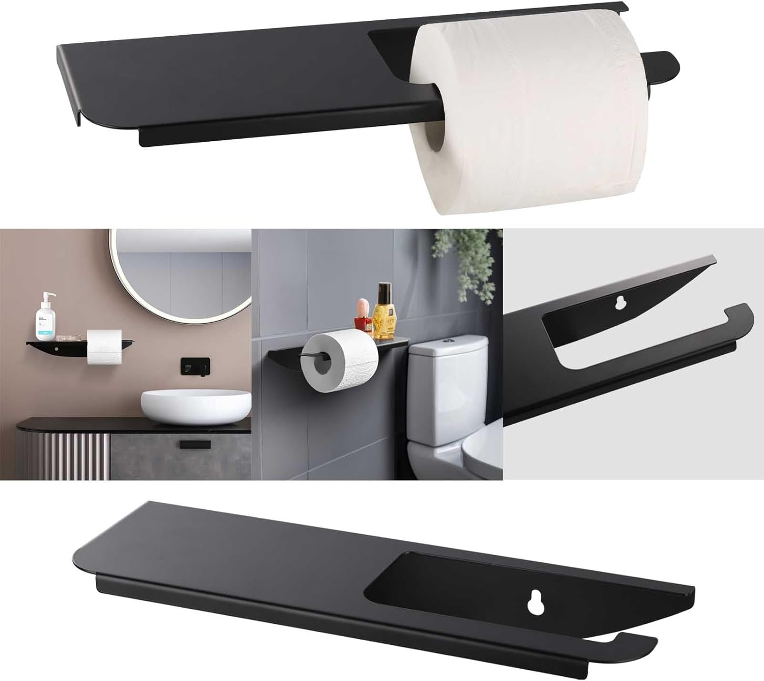 Black Toilet Paper Holder with Metal Shelf,Bathroom Toilet