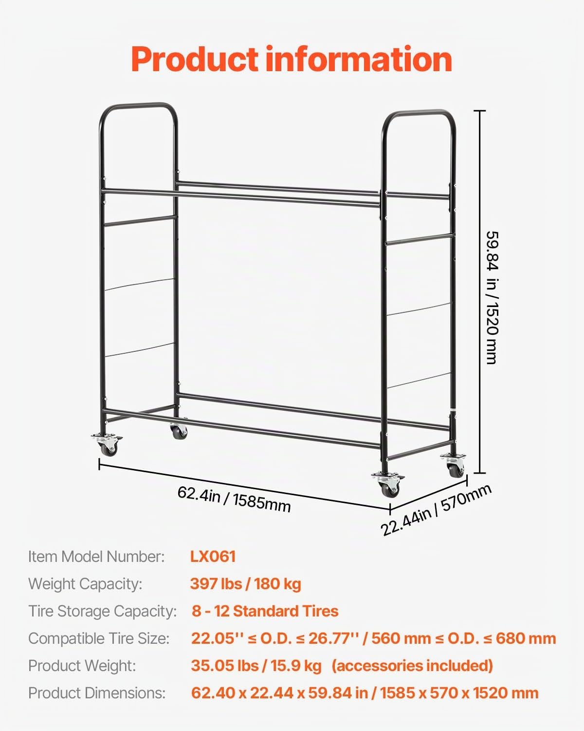 VEVOR Carrello Porta-Pneumatici con Ruote a 2 Ripiani, Rimorchio per Garage, Carrello Porta-Pneumatici in Acciaio con Copertura Protettiva Altezza Regolabile Contiene Fino a 12 Pneumatici Standard