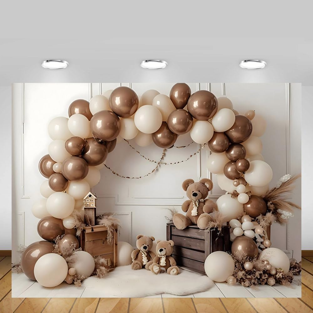 MEHOFOND Chłopcy brązowy niedźwiedź urodzinowy tło do fotografii bohema brązowy balon zabawka niedźwiedź pampasowy portret tło baby shower ciasto rozbić przyjęcie urodzinowe dekoracja baner rekwizyty