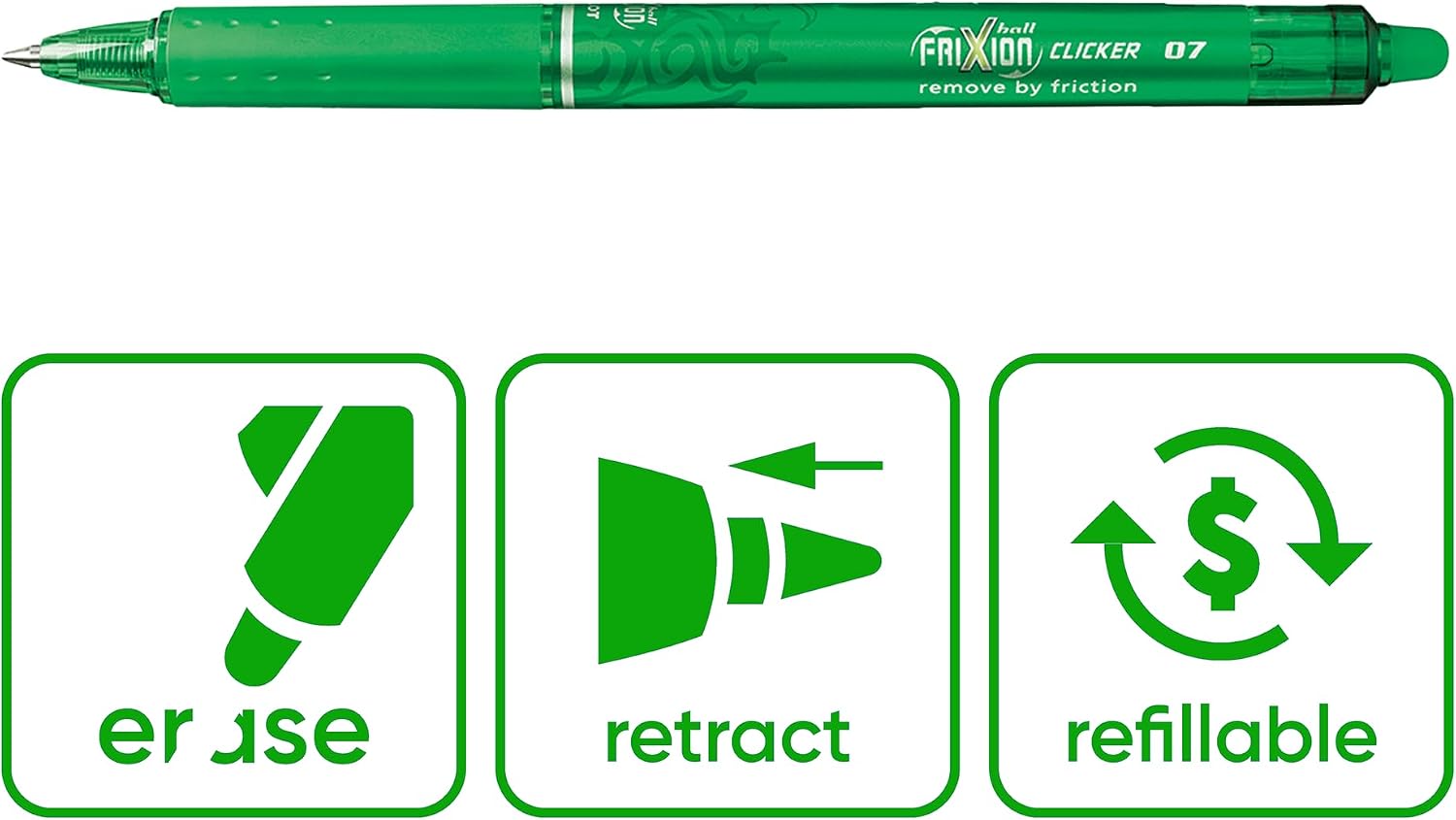 Pilot Frixion Clicker Retractable Erasable Rollerball 0.7 mm Tip - Green, Single Pen (Pack of 2) image 2