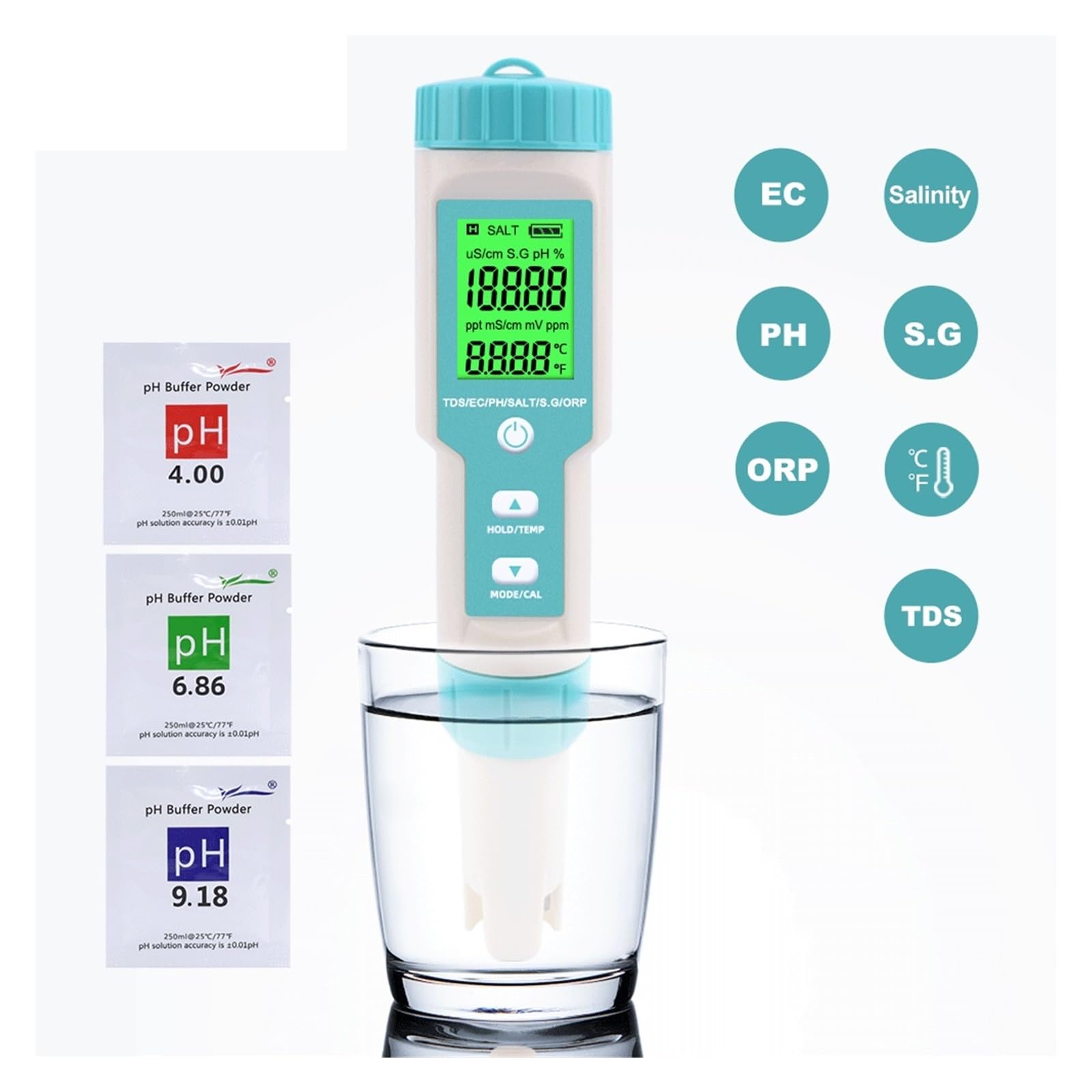 TDS Testeur, 7 en 1 PH/TDS/EC/ORP/salinité/S. G/Compteur de température C-600 testeur de qualité de l'eau for l'eau Potable, ph-mètre d'aquarium(Backlight)