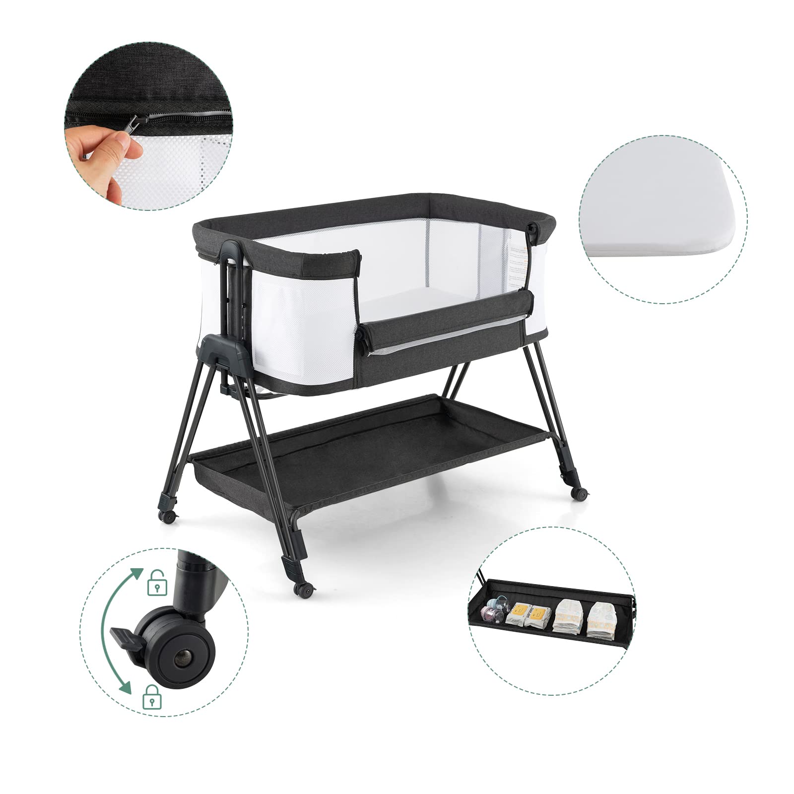 LIFEZEAL Culla Neonato, Next to Me, Lettino Neonato, Culla Next2Me, Altezza Regolabile, Lettino Bambino, con Borsa, Mensola e Ruote, Lettino con Materasso per baby 0~6 Mesi, fino 9kg (grigio chiaro)