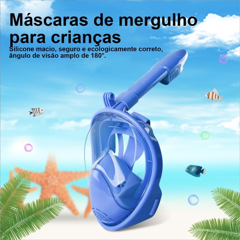 Máscara de Mergulho Full Face Infantil com Suporte para Câmera Ação, Mascara Snorkel Profissional Antiembaçante para Crianças, Presentes do Dia das Crianças.