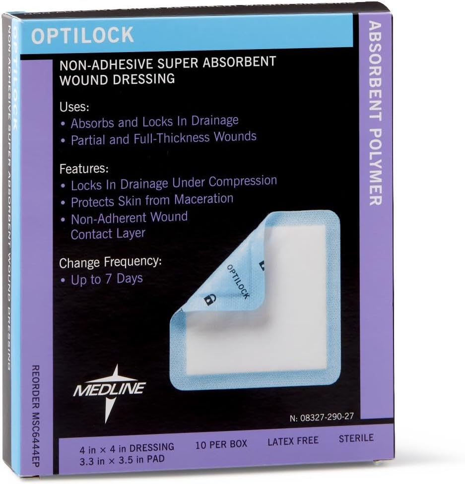 OptiLock Non-Adhesive Super Absorbent Wound Dressings, 4" x 4" (Pack of 10)