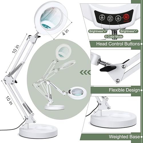 Miniatura 6 de 10 lupas con luz y soporte, botón de actualización, 5 modos de color regulables, luz LED 2 en 1, lámpara de escritorio manos libres con abrazadera