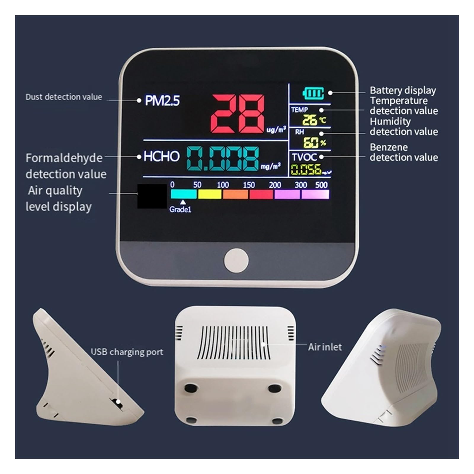 Monitor de calidad del aire interior, Monitor de calidad del aire interior 8 en 1 PM2.5/PM1 /PM10 Monitor de temperatura formaldehído TVOC probador de calidad del aire para el hogar y la oficina