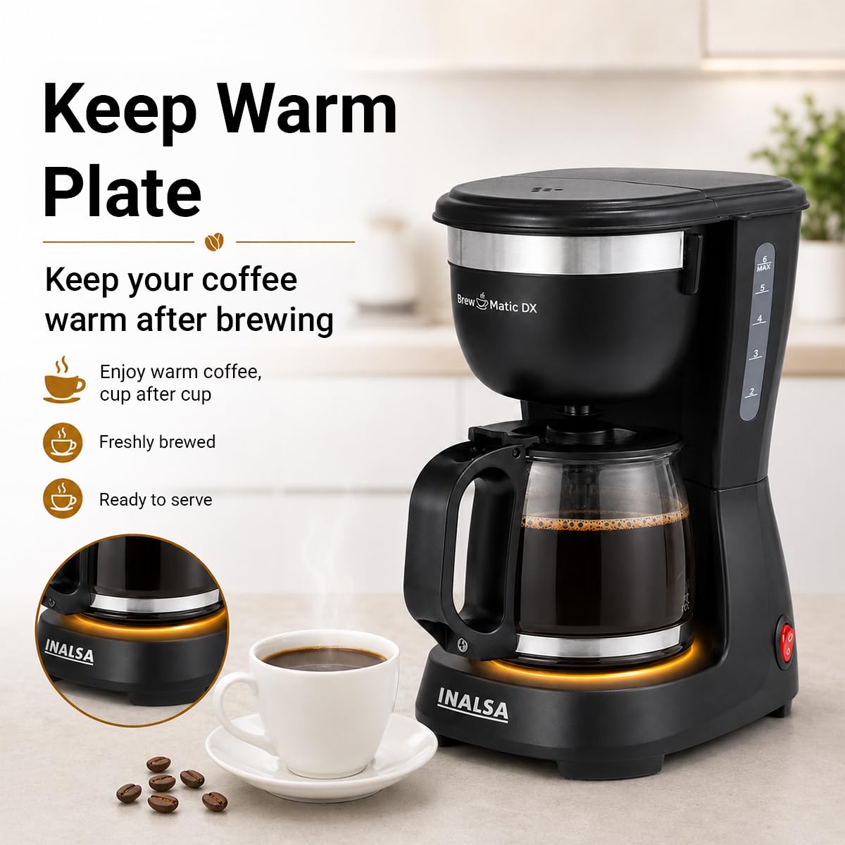 INALSA 6 Cups 650-Watt Coffee Maker with Anti Drip & Keep Warm Function|Overheat Protection|See Through 680 ML Carafe|630 ML Water Tank Capacity|Reusable Coffee Filter(Brew Matic DX) 2