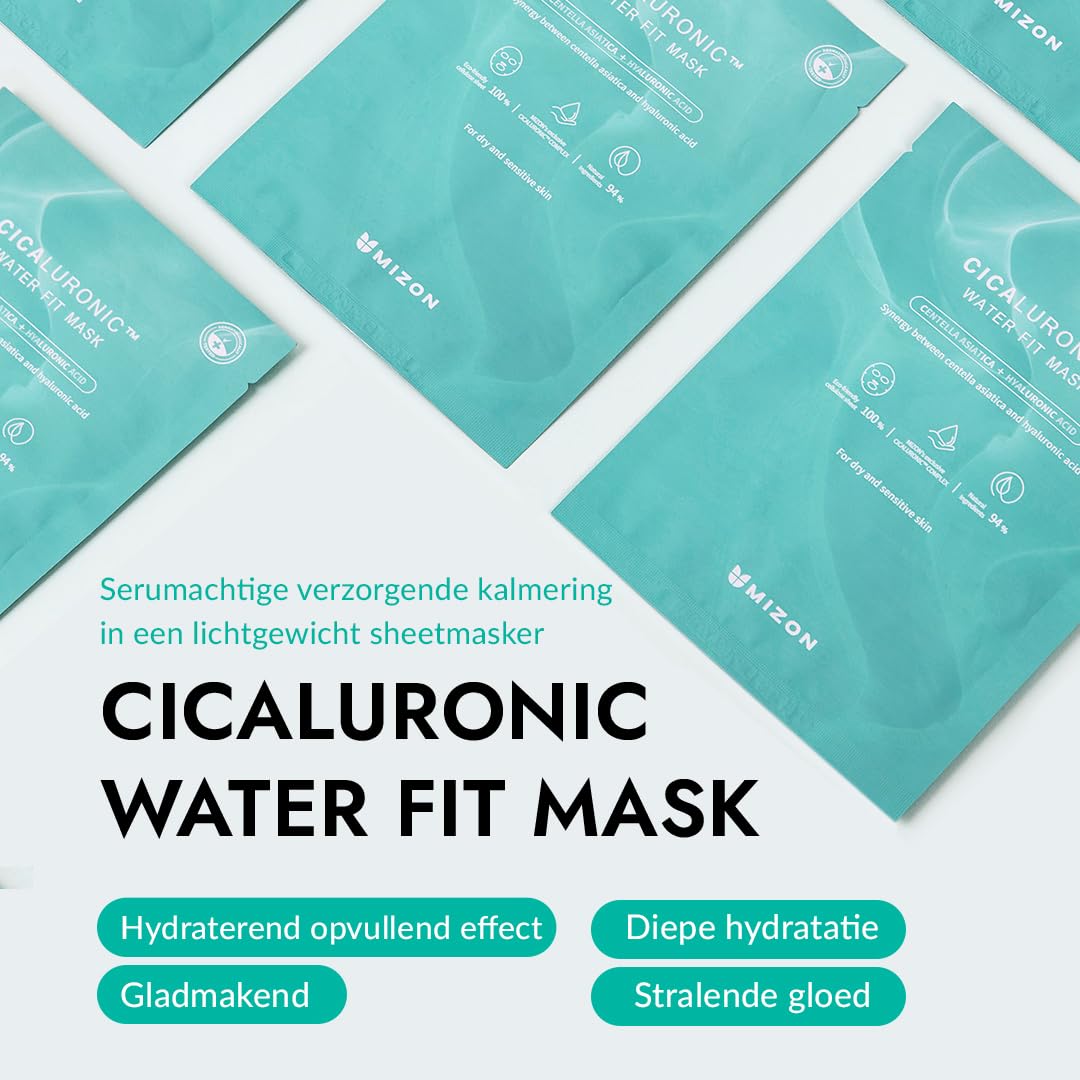 [MIZON] Cicaluronic Water Fit mask (10 masek) koreańska pielęgnacja skóry – wegańska formuła, Cica + kwas hialuronowy, kojąca, nawilżająca, wrażliwa skóra, sucha skóra