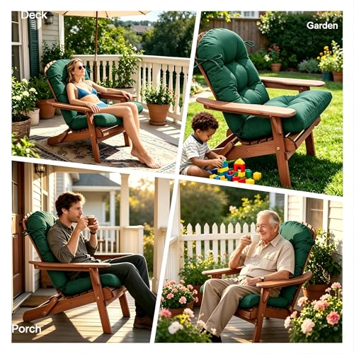 Image of QILLOWAY Outdoor High Back Chair Cushion for Adirondack, All Weather Rocking Chair Cushions Thick Padded Replacement for Patio Furniture,Mallard, Forest Green