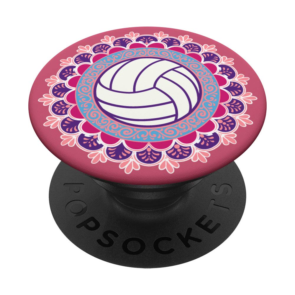 My Happy Place Volleyball Mandala Design on Dark Pink PopSockets Grip and Stand for Phones and Tablets