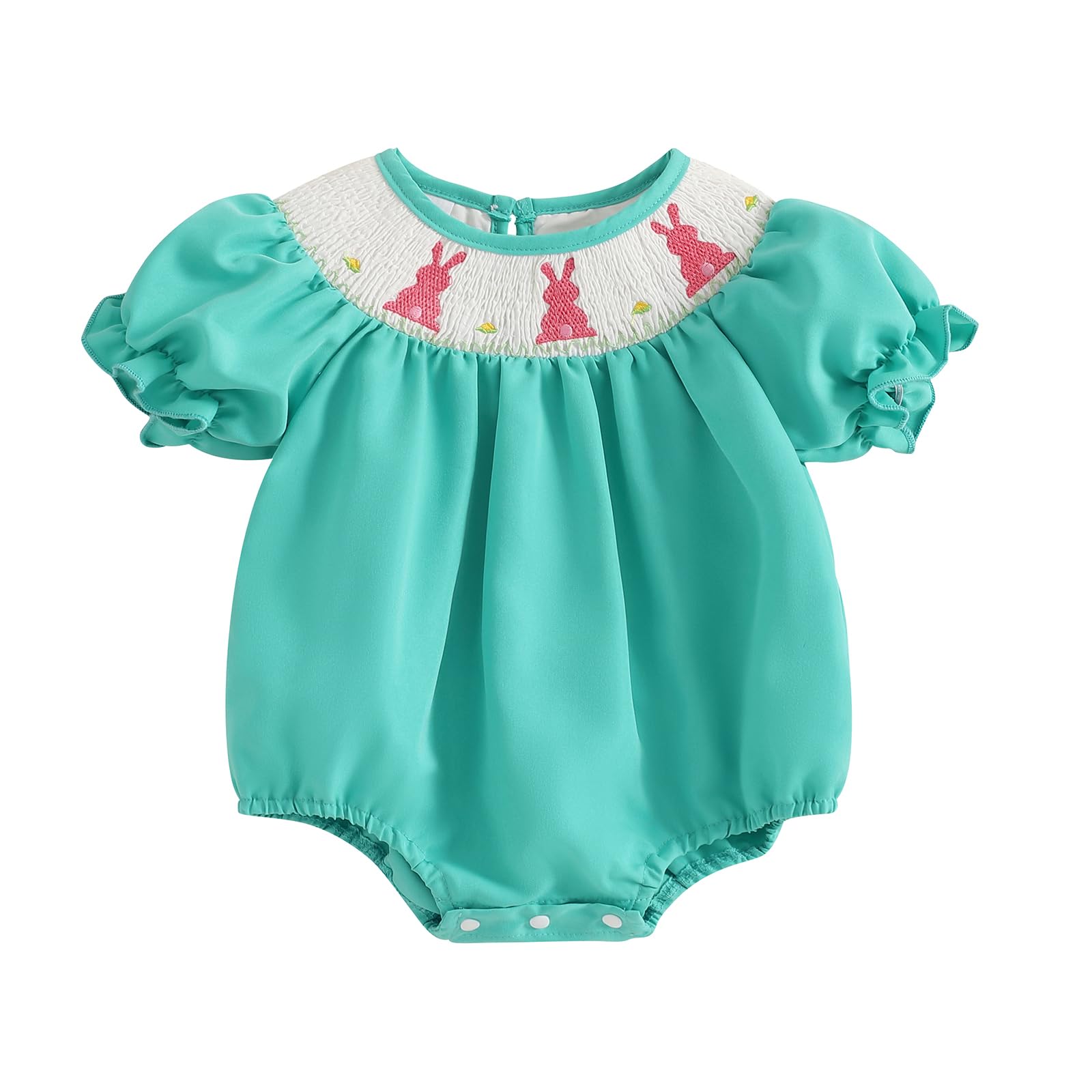 FIOMVA Baby Girl Easter Outfit Newborn Infant Smocked Bubble Romper Toddler Bunny T Shirt Top Cute Rabbit Summer Clothes (B Embroidery Bunny Blue, 0-3 Months)