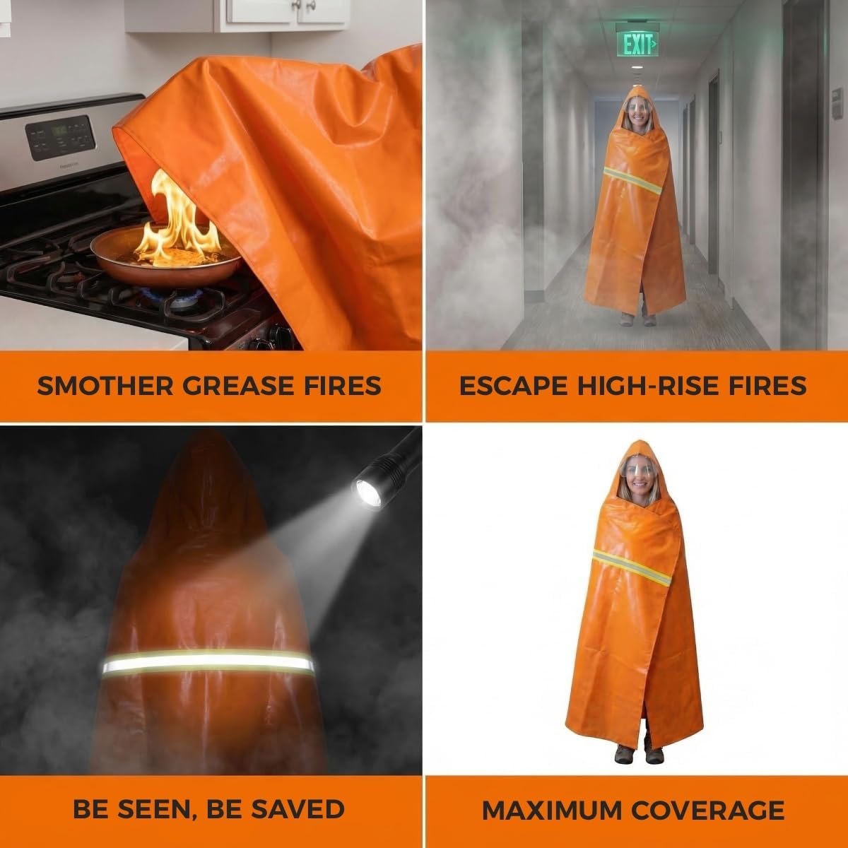 Fireproof Cloak with Transparent Visor, 1200°F Heat Resistant Fire Escape Cape for Home, No-Itch Silicone Emergency Fire Blanket for Rapid Family Safety & Survival, 71x63 Full Body
