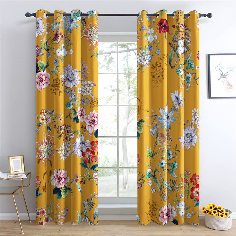 Rideau Occultant Fleur, Motif Rideaux Thermiques à Oeillets, Rideaux Imprimé pour Salon Chambre Fenetre Moderne Décoration, 140x240 cm (L x H), Lot de 2