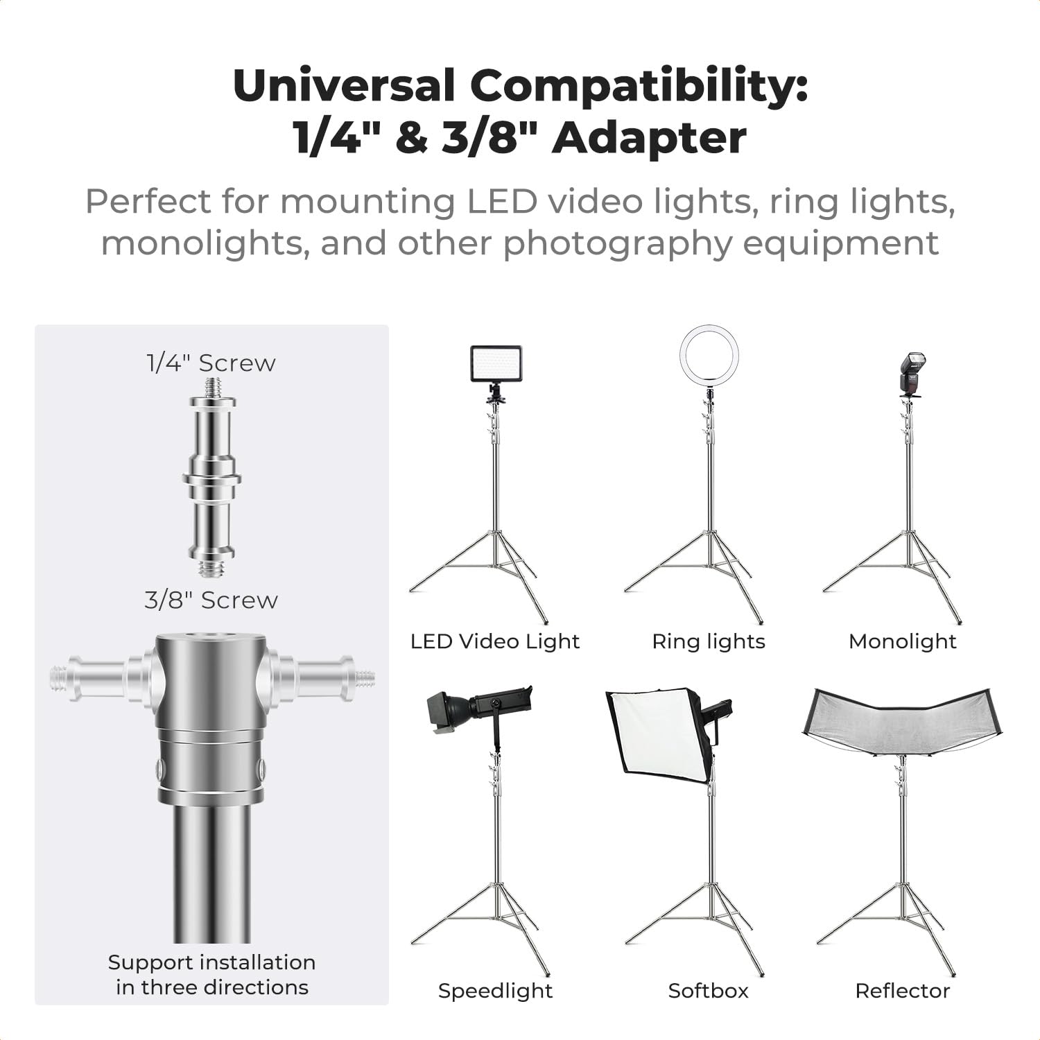 K&F CONCEPT Pied d'Éclairage 280cm Acier Inoxydable pour Studio | Support pliable, adaptateur 1/4-3/8, charge 10kg, flash softbox réflecteur, studio photo, TL04