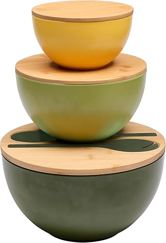 Miniatura 8 de Juego de 3 cuencos de ensalada con tapa y utensilios de servir, juego de cuencos de fibra de bambú grandes para servir y juego de almacenamiento con
