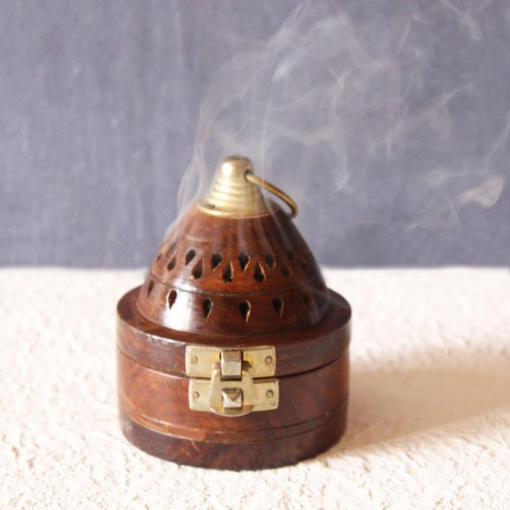 Swacraft Handmade Wooden Incense Cone Burner Holder – Classic Pyramid Design Sheesham Wood Dhoop Burner Box with Lid – Smoke Vent Top – Home Fragrance & Meditation Decor – 3.5 x 3.5 x 5 Inches