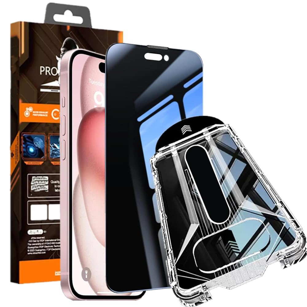 【360°覗き見防止＆革新的なガイド枠】iPhone 16 / 15 ガラスフィルム 新型のガイド枠付き 超簡単貼り付け 自動除塵 360°ぞき見防止 上下左右 プライバシー保護 全面保護 気泡レス 自動吸着 貼りやすい 日本旭硝子製 アイフォン 16 / 15 用 のぞき見防止 ガラスフィルム