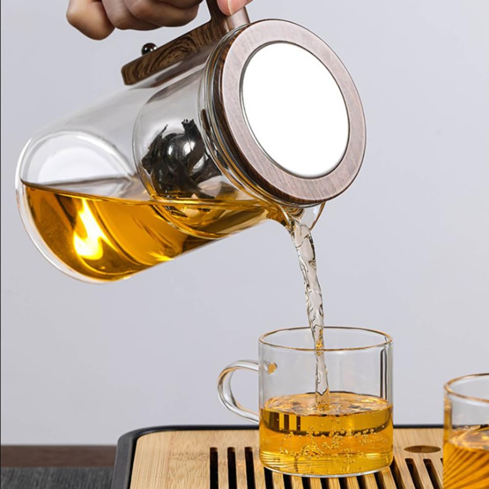 Water Separation Glass Teapot with Wooden Handle, Witchcraft Teapot, Magical Teapot with Infuser, Press Control Magical Teapot Glass, Glass Teapot, Magnetic Filter Teapot with Dual Infusers (720ml)