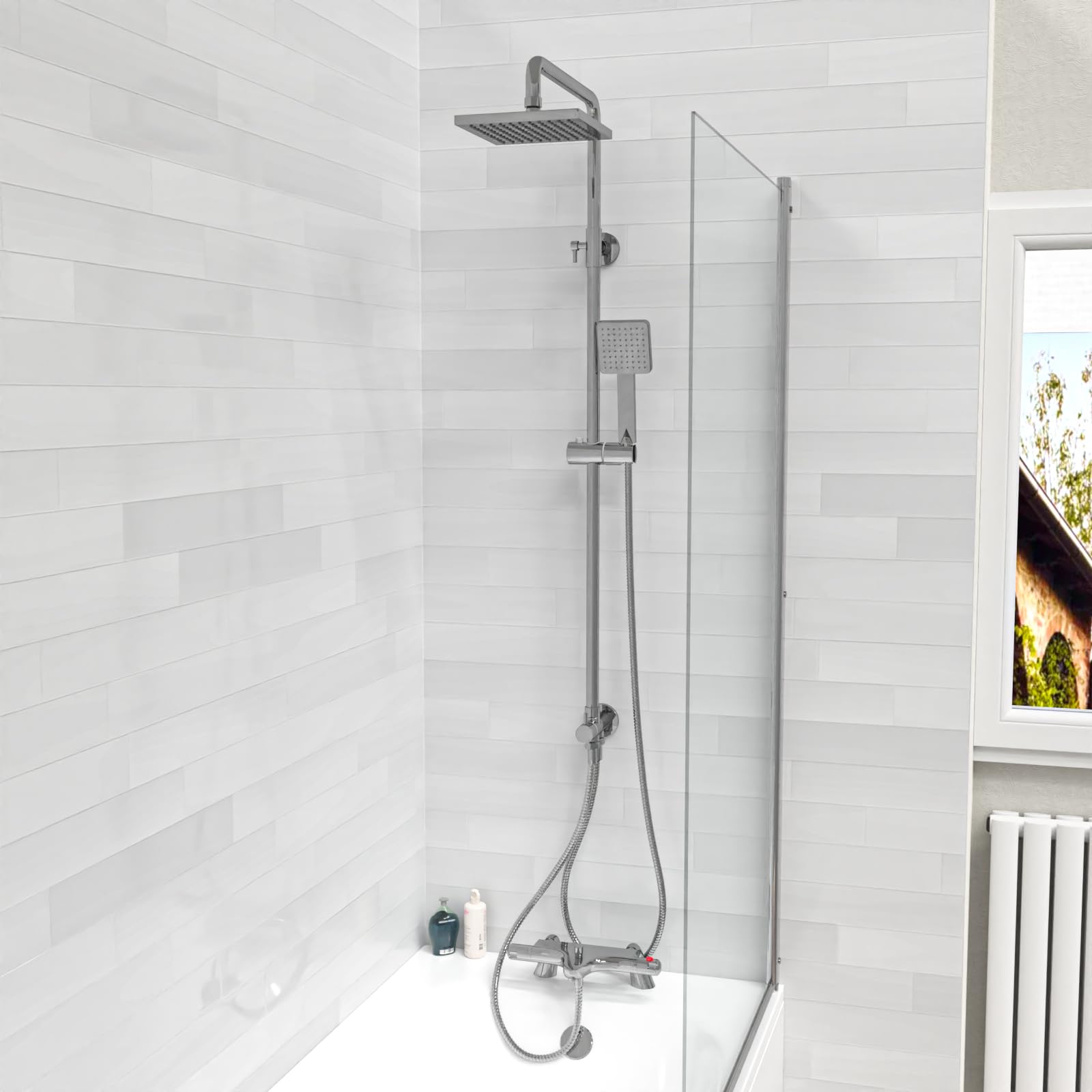 Nes Home Square Chrome Exposed Shower Mixer Thermostatic Riser Rail & Handset