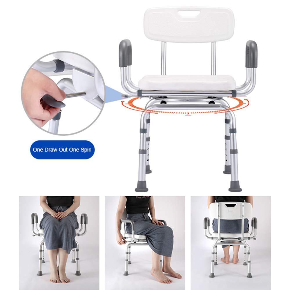 Silla de Ducha para Ancianos Altura Ajustable con Reposabrazos y Respaldo Asiento de Ducha Recorte en Forma de U para Adultos y Discapacitados Ayuda para Taburete de Ducha, Girator