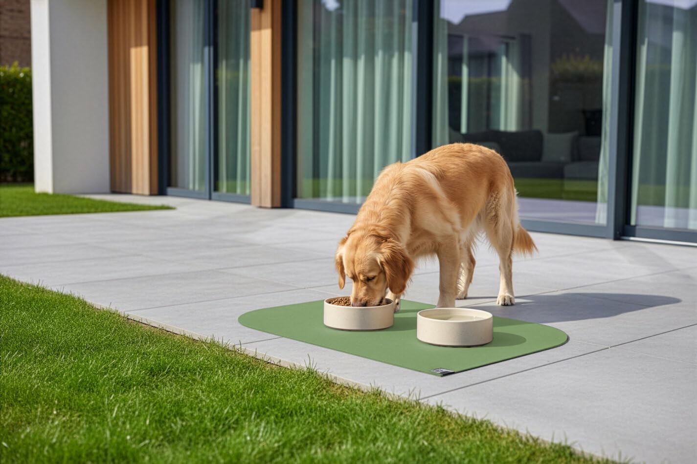 Napfunterlage „Blatt“ – schadstofffrei Öko-Tex Zertifiziert, beidseitig rutschfest & waschbar – Futtermatte für Hund & Katze, Made in Germany Olivgrün 40 x 60 cm