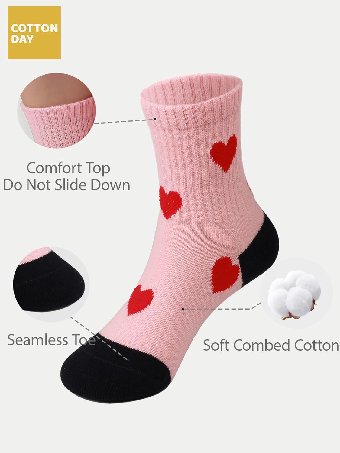 COTTON DAY Kids Girls Valentine's Day Socks with Hearts Stripes Strawberry - Image 3
