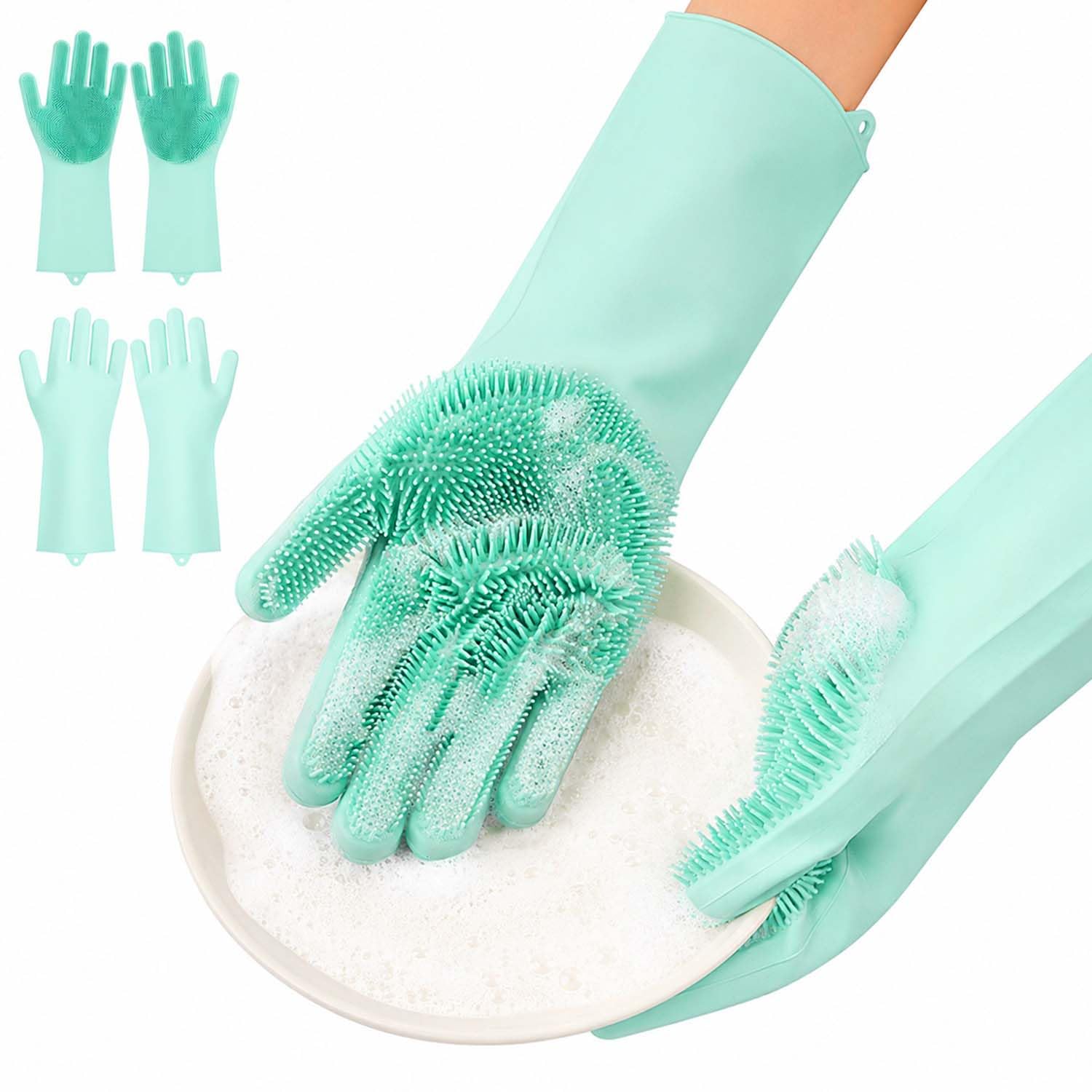 Zureni Silicone Gloves Reusable Rubber Dishwashing Kitchen Scrubber for Pet Grooming Washing Dishes Bathroom Car - (1 Pair, Multicolour)-image-18
