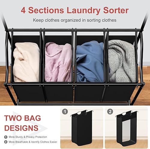 Miniatura 3 de Clasificador de ropa sucia de 4 secciones, carrito clasificador de lavandería con barra para colgar, cestas organizadoras de lavandería para