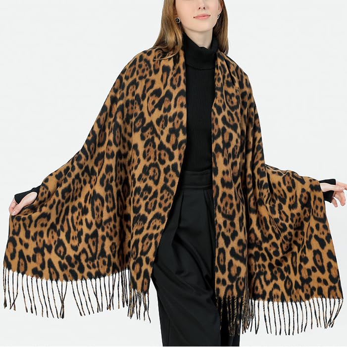 CORIRESHA Women's Cashmere Leopard Print Fringing Hem Warm Winter Long Scarf Shawl3