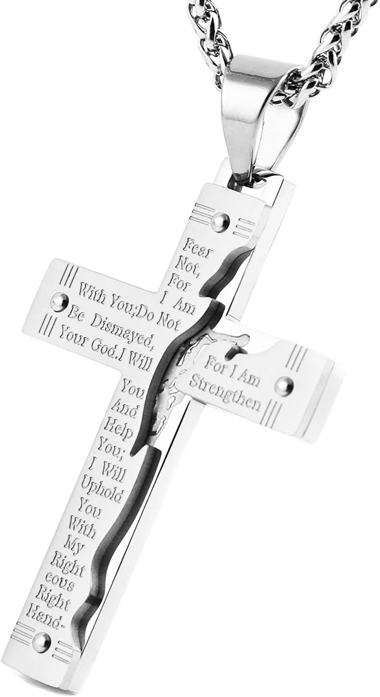 HZMAN Men's Stainless Steel Christ Jesus Crucifix Cross Necklace Lord's Prayer Pendant Necklace Jewelry Gift