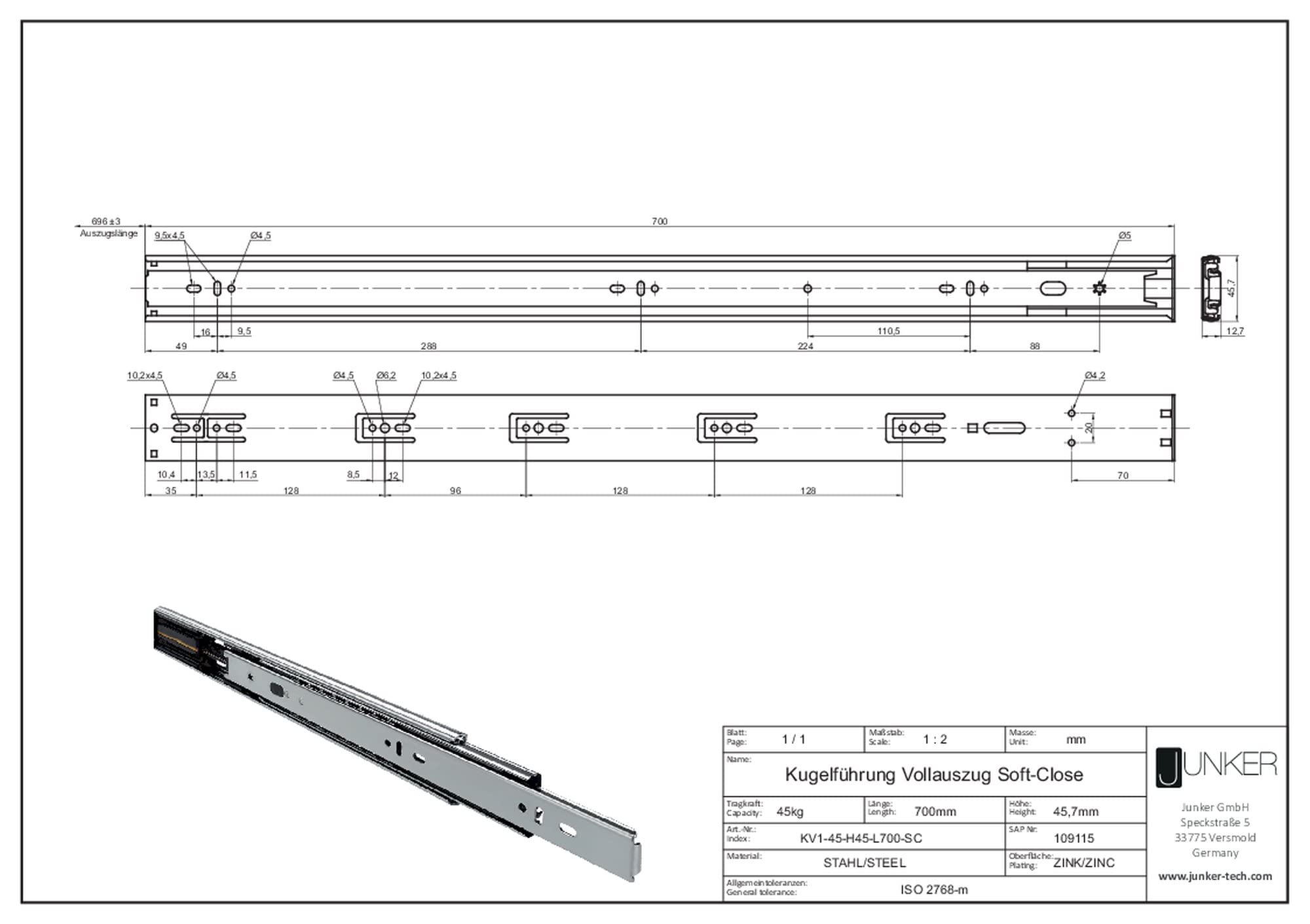 4 paia Junker Guide ad Estrazione totale KV1-45-H45-L700-SC 700 mm con Chiusura automatica e Ammortizzata (SoftClose) Portata di 45 kg
