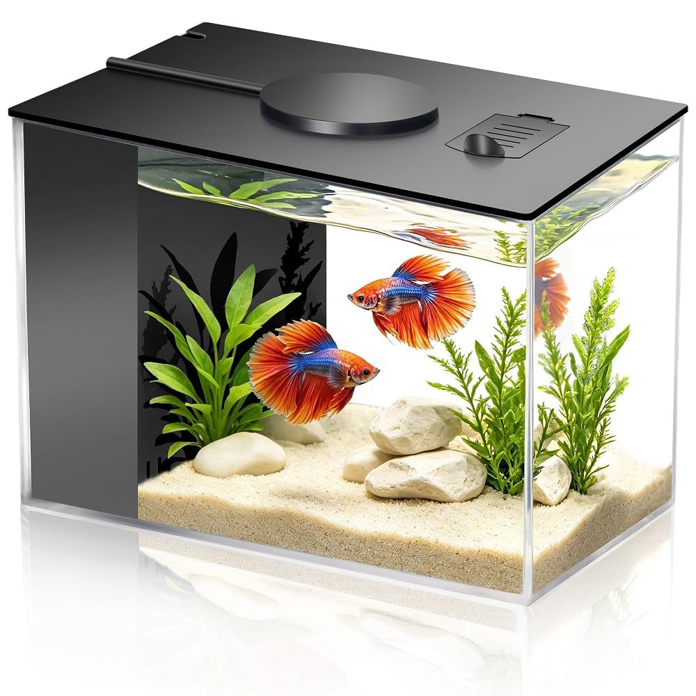 Kleines Aquarium 3,7L, Acryl Aquarium Starter Set mit LED Beleuchtung und Filterpumpe, Mini Betta Aquarium Fischbecken für Kleine Fische Garnelen Pflanzen, Desktop Deko für Zimmer Büro, Schwarz