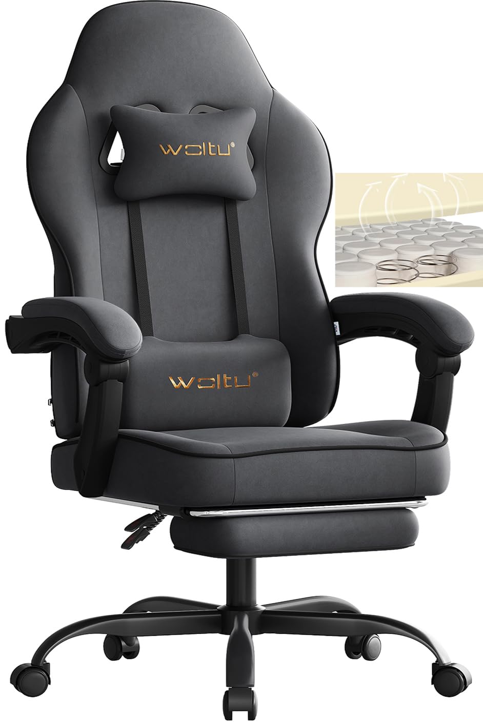 WOLTU Ergonomic Gaming Chair, Desk Chair with Armrest and Lumbar Support, for Office and Study, Elastic Seat, Metal Frame, Synthetic Fabric, Grey, GS10gr