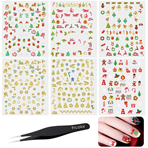 Frcolor 12 Sheets Nail Stickers Christmas,3D Adhesive Diy Christmas Snowflakes Snowmen Stencil Pattern Nail Art Stickers For Fingernails Toenails Xmas Nail Decals With Tweezer #TOP28