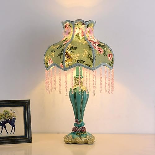 Lámpara victoriana floral de tela verde lámpara de mesa pastoral europea lámpara romántica 1 luz linda flor rosa escritorio luz vintage tela encaje
