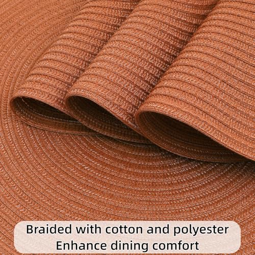 Image of SHACOS Round Placemats Set of 6 Washable 15 inch Round Placemat Cotton Polyester Woven Braided Table Place Mats for Dining Table Decor, Dark Orange