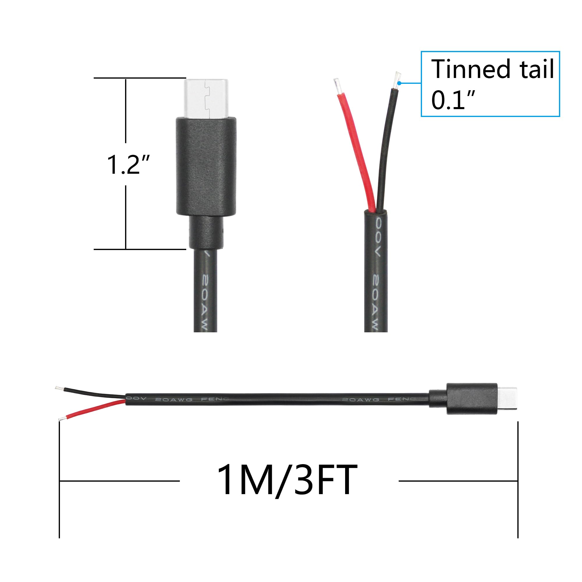 2 x kabel zasilający USB C na 2-pinowy otwarty koniec, 0,9 m, 20 AWG 5 V/5 A, 2-pinowy męski kabel USB typu C, do zainstalowania lub wymiany urządzeń USB typu C