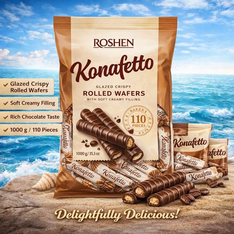 ROSHEN Konafetto (MILK) Glazed Chocolate Candy Rolled – (1kg) Family Value Pack By COUGAR – Eid Day Special, Crispy Rolled Wafers with Soft Creamy Filling, Chocolate Coated Crunchy Wafer Rolls, FREE 1 Prestige Waffi Pistachio Wafer Bars, Gifting, Parties, Office Treats & Dessert Platters – (IMPORTED - UKRAINE) 3